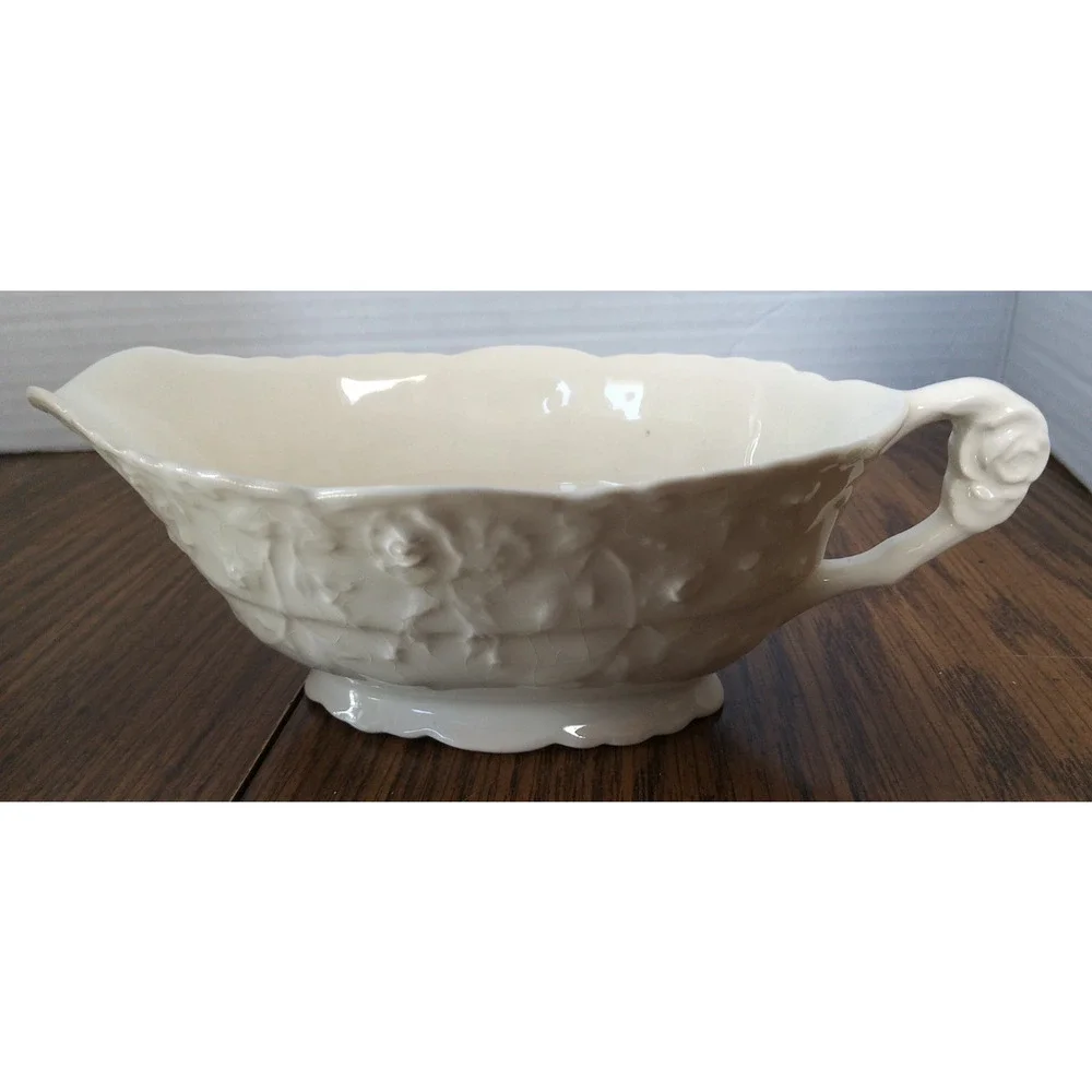 Vintage Beige MCM Pope Gosser Rose Point Gravy Boat And Plate